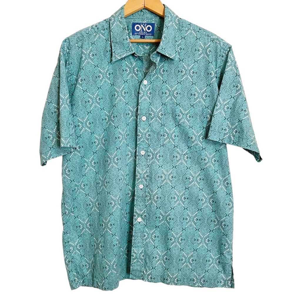Liberty House Ono Shirt Mens L Green Geometric Hawaiian Aloha Resortwear Casual